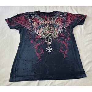 Xtreme Couture Shirt Mens 2XL Black Wings Cross Graphic Gothic Biker Grunge AOP